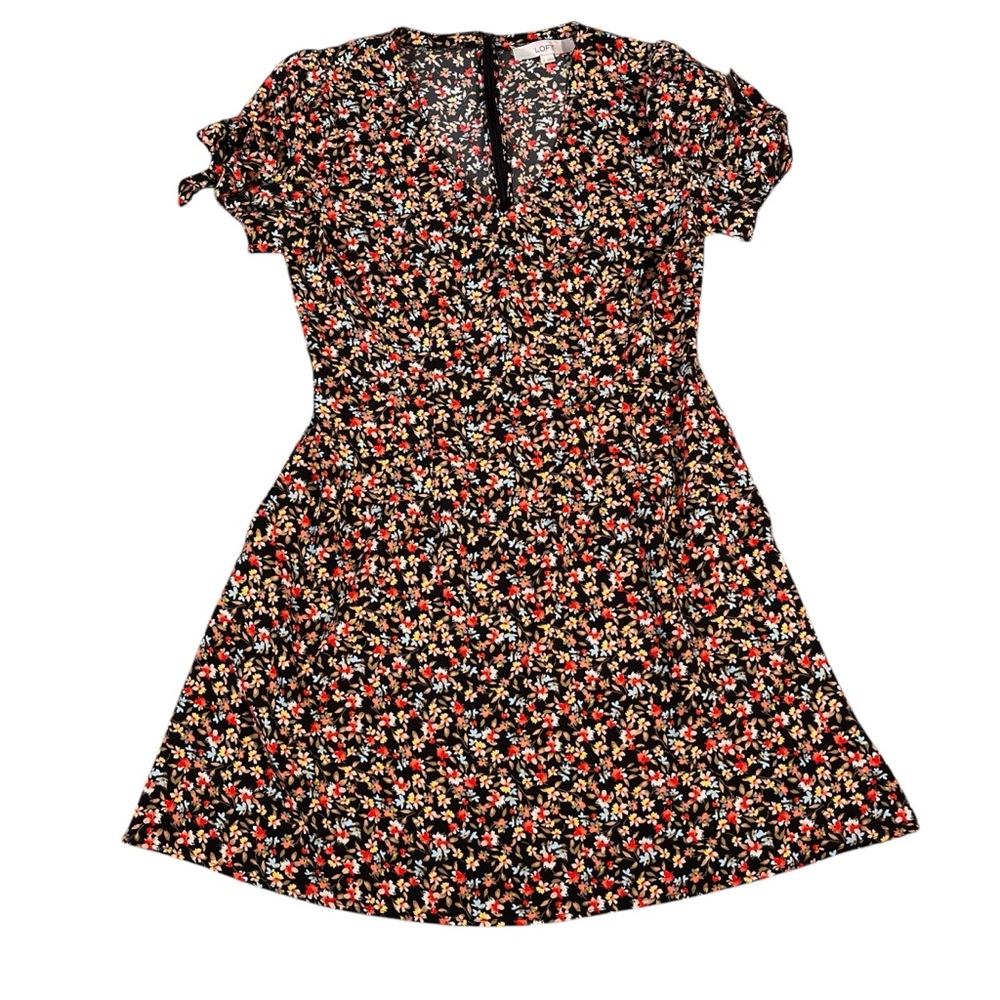 Loft Women’s Floral Mini Dress Tie Short‎ Sleeve Flare Mini Dress Size 6